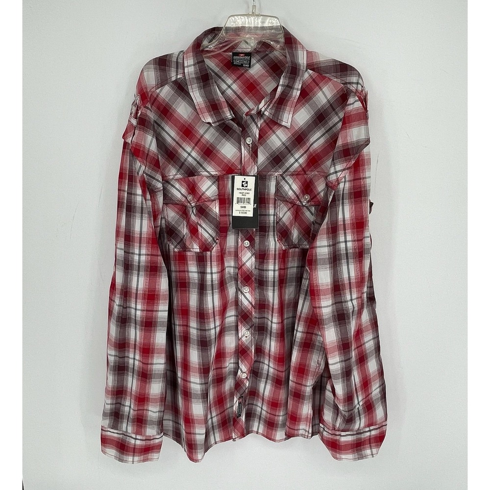 Southpole NWT Men's Red Plaid Pocket Long Sleeve Button Front Top Shirt Size 5XB